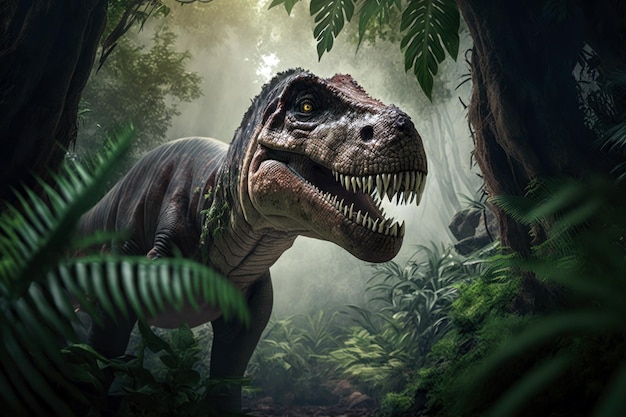 Zamknij wielkiego Tyrannosaurus rex w dżungli Generative AI