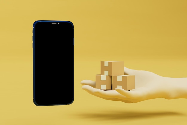 Zdjęcie zamówienie dostawy paczki za pośrednictwem smartfona z paczkami i telefonem komórkowym na żółtym tle renderowania 3d