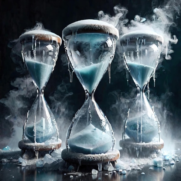 Zdjęcie zamrażany piaskowy zegar wskazujący czas zatrzymania zimno zamrożony i pokryty lodem