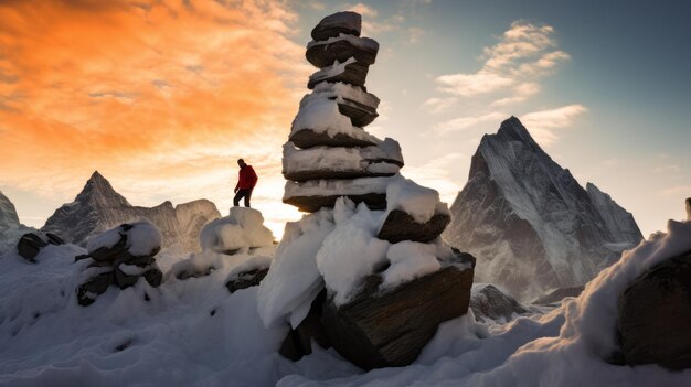 Zdjęcie zamrożona namiętność, żywa przygoda, fotografowanie człowieka na pokrytej śniegiem skale.