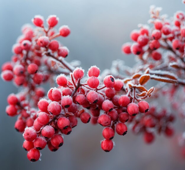 Zamrożone czerwone jagody na gałęziach krzewu zimą