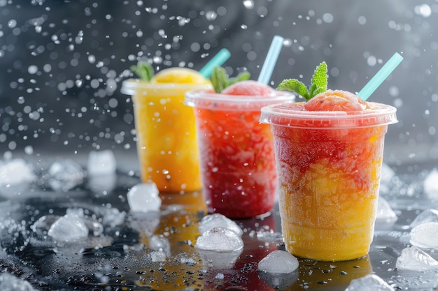Zamrożone napoje owocowe z pokrywkami i słomkami na lodzie