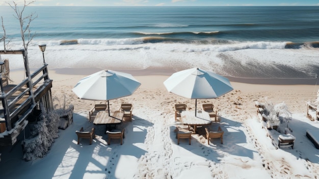 Zamrożone palmy na plaży nad morzem lub oceanem Globalne ocieplenie generowane przez sztuczną inteligencję