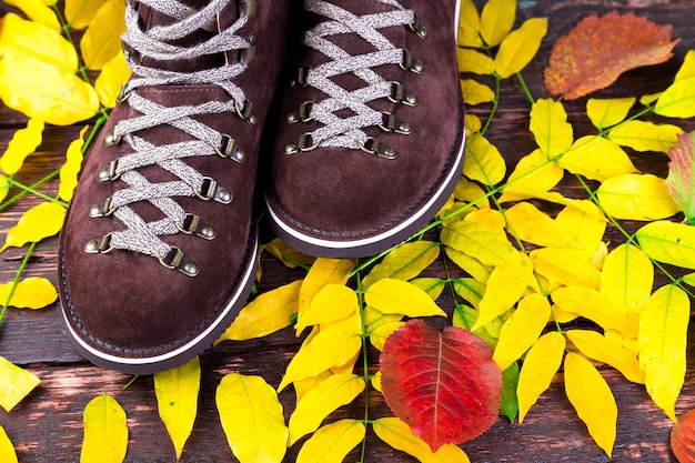 Zamszowe brązowe buty męskie na drewnianej powierzchni z liśćmi Buty jesienne lub zimowe