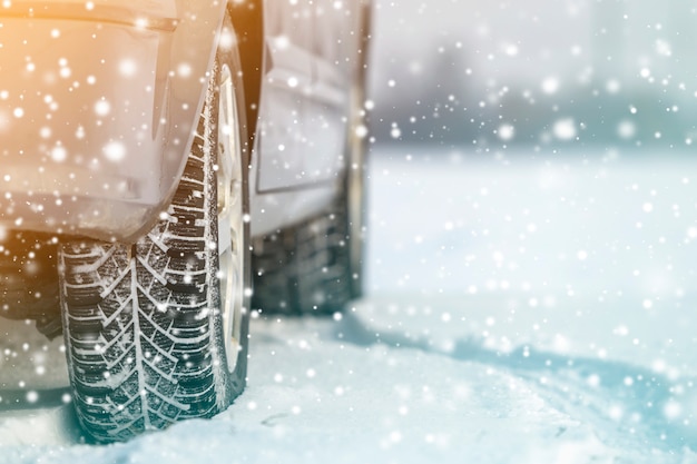 Zamyka up samochodowych kół gumowe opony w głębokiej zimy śniegu drodze