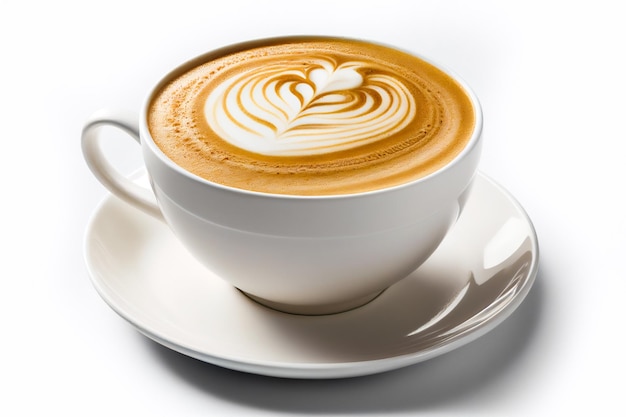 Zdjęcie zamyka w górę strzał latte kawa z latte sztuką w ceramicznym białym filiżance i spodeczku na białym tle