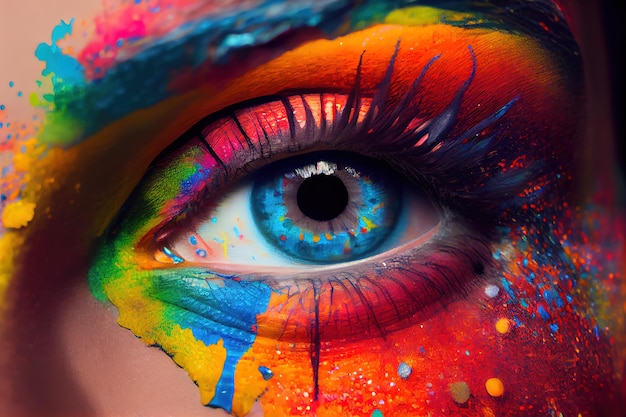Zamyka widok oka z jaskrawym wielobarwnym znakiem mody Rainbow eye and holi festival