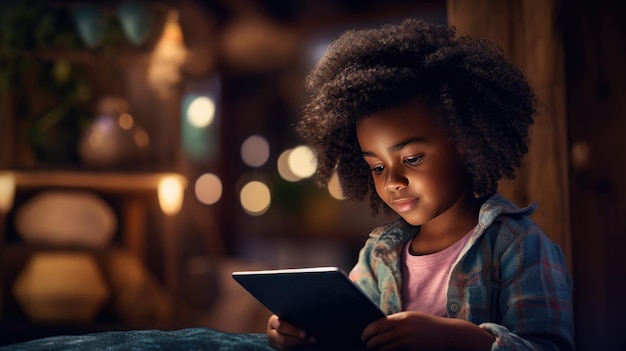 Zamyślona mała czarna dziewczynka pochłonięta ekranem swojego tabletu