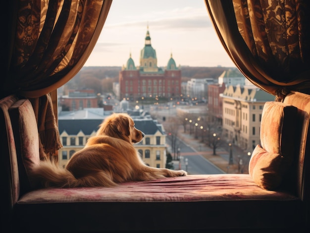 Zamyślony pies odpoczywa na miękkiej kanapie z widokiem na miasto