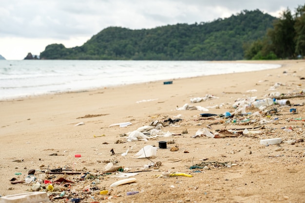 Zanieczyszczenia na plaży. Plastikowe butelki i inne śmieci na plaży