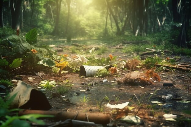 Zanieczyszczenie lasów śmieciami temat ekologiczny ochrony środowiska koncepcja ratowania planety Ai generatywny