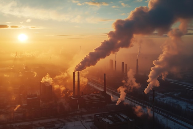 zanieczyszczenie powietrza dym z komina fabrycznego czas zachodu słońca emisja fabryczna ai generowana