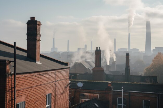 Zdjęcie zanieczyszczenie powietrza z kominów fabrycznych widziane z daleka stworzone za pomocą generatywnej sztucznej inteligencji