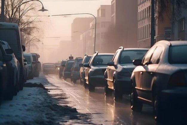 Zdjęcie zanieczyszczenie powietrza z wydechów samochodów w mieście w zimne dni zanieczyszczenie środowiska w mieście sieć neuronowa ai generowana