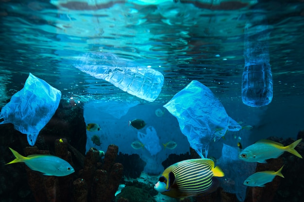 Zanieczyszczenie środowiska plastikową butelką wody w oceanie