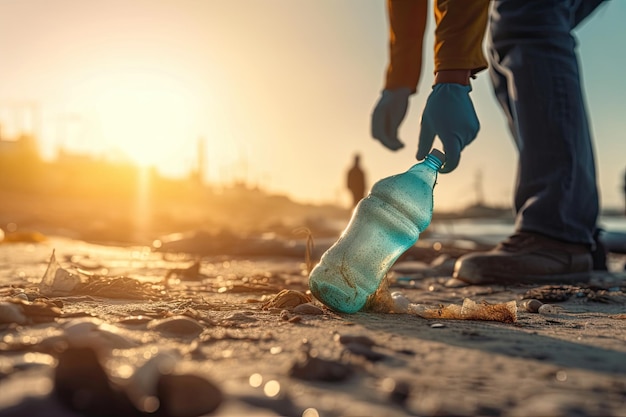 Zanieczyszczenie środowiska Wolontariusz w rękawiczkach ochronnych podnosi plastikową butelkę na plaży Z bliska, z ręki, z niskiego kąta widzenia Kopiuj przestrzeń Koncepcja czyszczenia strefy przybrzeżnej