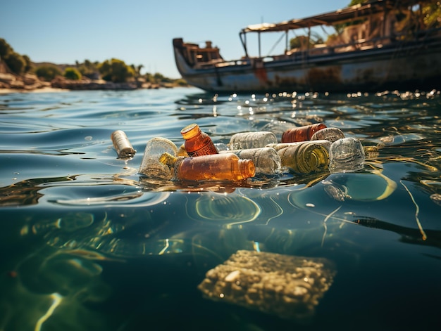 Zdjęcie zanieczyszczenie środowiska zanieczyszczenie wody plastikowe butelki pakuje generative ai