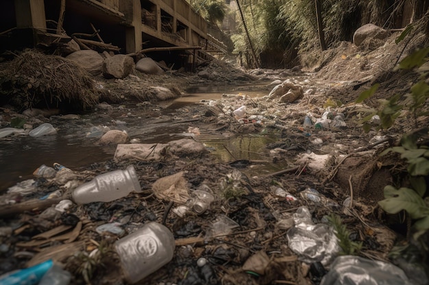 Zanieczyszczona rzeka wypełniona sztuczną inteligencją generującą śmieci