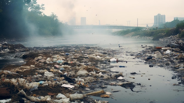 Zdjęcie zanieczyszczone brzegi rzeki z widocznym zanieczyszczeniem powietrza