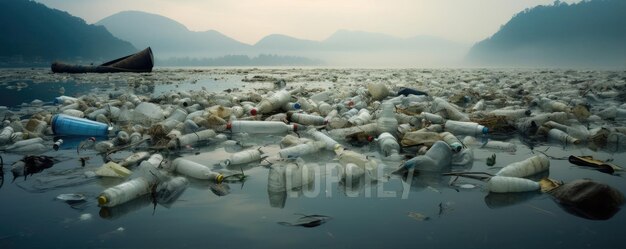 Zanieczyszczone jezioro lub rzeka Duża ilość plastikowych butelek lub śmieci w wodzie koncepcja zanieczyszczenia wody szeroki baner