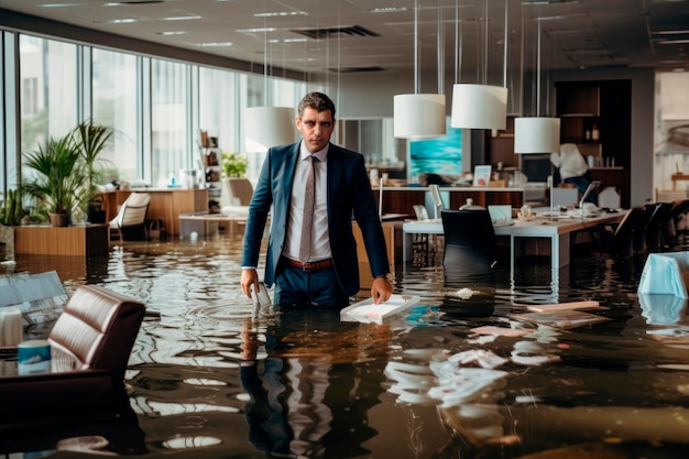 Zdjęcie zaniedbany spojrzenie biznesmena na zatopione biuro