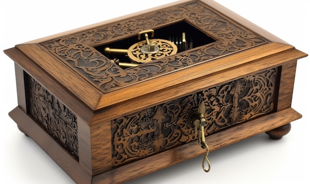 Zanurz się w nostalgii starożytnej drewnianej pudełka muzycznej tworzonej przy użyciu narzędzi sztucznej inteligencji