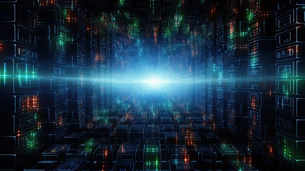 Zanurz się w strumień danych z tym dynamicznym obrazem świecącego tunelu cybernetycznego symbolizującego przepływ informacji i łączność cyfrową, idealny dla tematów technologii i bezpieczeństwa cybernetycznej