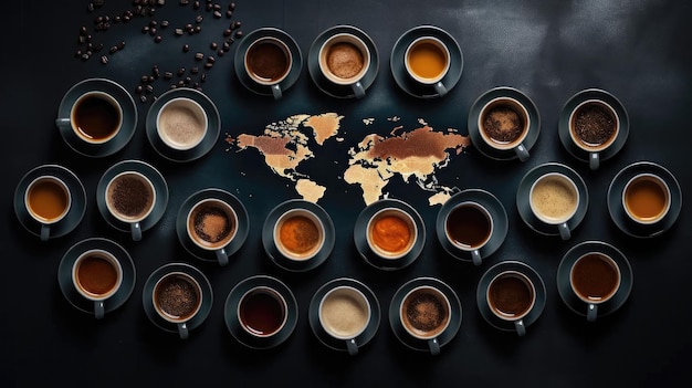 Zdjęcie zanurz się w świecie kawy przyciągający widok z powietrza przedstawiający różnorodność rodzajów kawy od bogatego espresso po piwniste cappuccino
