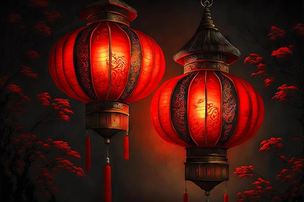 Zapalona chińska czerwona latarnia wisiała na drzewach do dekoracji na chiński nowy rok