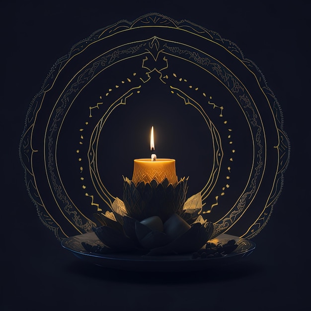 Zapalona świeca jest zapalana w ciemności i otoczona złotym kółkiem.