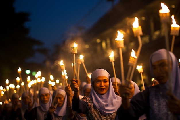 zapalone pochodnie wokół ludzi w muzułmańskim islamskim nowym roku w indonezji