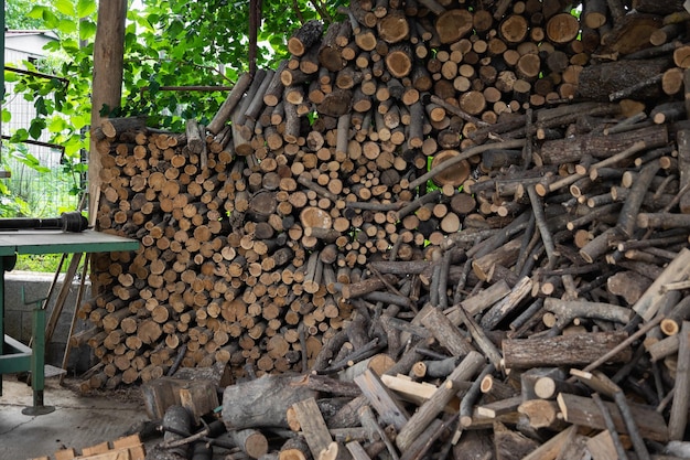 Zapas drewna opałowego do ogrzewania domu. Globalny kryzys i wzrost cen. Ogrzewanie domu drewnem opałowym