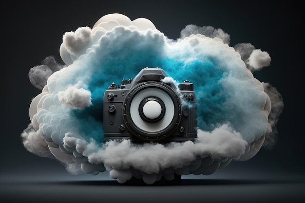 Zapasowa chmura dla fotografii z lustrzanką w studiu na czarnym tle