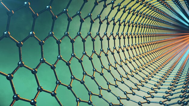 Zapętlona animacja nanostruktury atomu grafenu. Nanorurka w formie plastra miodu. Pojęcie Nanotechnologia i nauki. Animacja 4K 3d