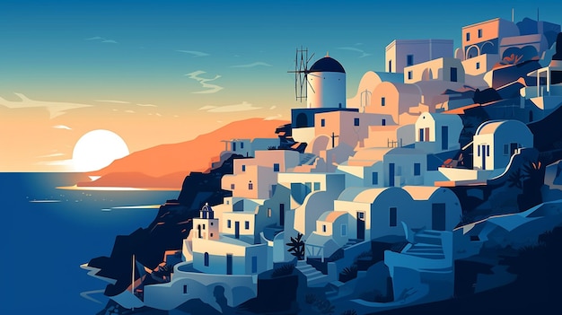Zapierająca dech w piersiach ilustracja wektorowa wyspy Santorini Grecja Generatywny obraz AI