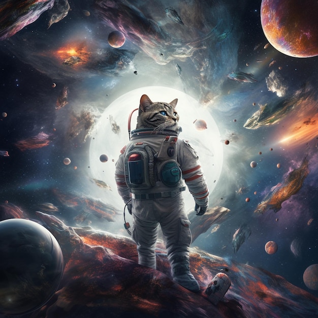 Zdjęcie zapierająca oddech scena kot astronauta latający przez gwiazdy