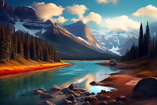 Zapierające dech w piersiach kanadyjskie góry krajobrazowe i sztuczna inteligencja generująca piękno