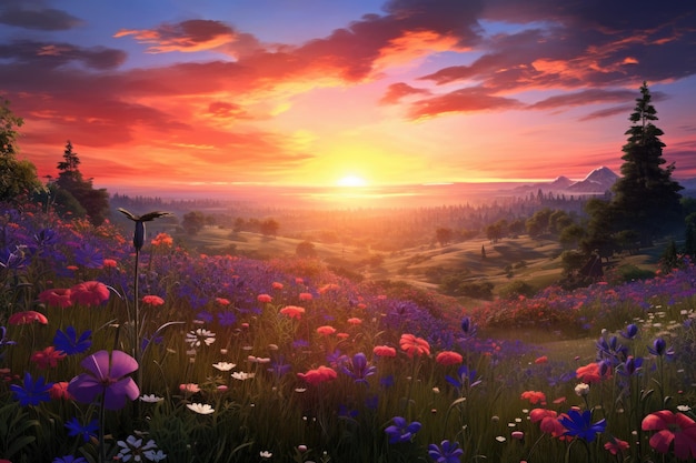 Zapierający dech w piersiach obraz uchwycający piękno kolorowego zachodu słońca nad polem żywych kwiatów zachód słońca nad spokojną łąką rozrzuconą dzikimi kwiatami