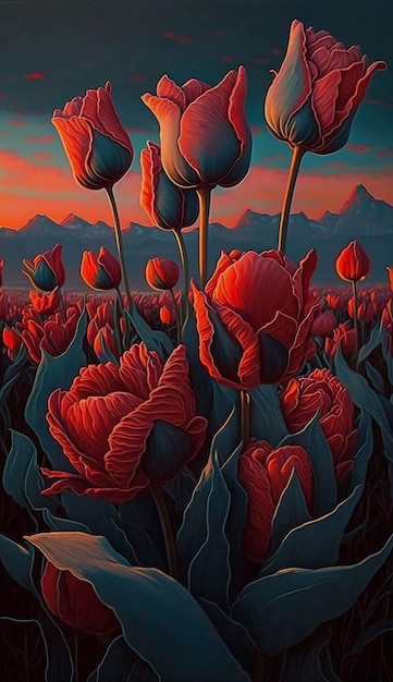 Zapierający dech w piersiach obraz urzekających czerwonych tulipanów tańczących na spokojnym polu