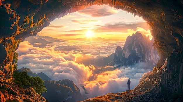 Zdjęcie zapierający dech w piersiach widok na góry z jaskini przy zachodzie słońca zdumiewający krajobraz uzdrawianie samotność koncepcja sztuki dla uważności sztuczna inteligencja