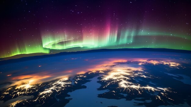 Zdjęcie zapierający dech w piersiach widok na zorzę północną z kosmosu