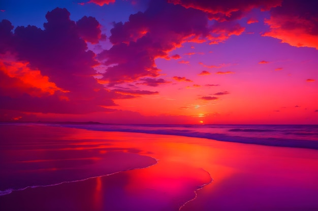 Zapierający dech w piersiach zachód słońca nad spokojną plażą z żywymi odcieniami pomarańczowego różu wygenerowanymi przez Ai