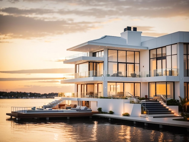 Zapierający dech w piersiach zachód słońca w luksusowym nowoczesnym domu na nabrzeżu