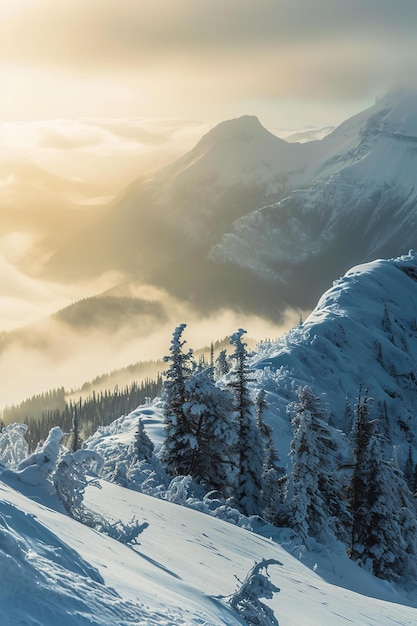 Zapierający oddech widok pokrytych śniegiem gór oświetlonych łagodnym wschodem słońca