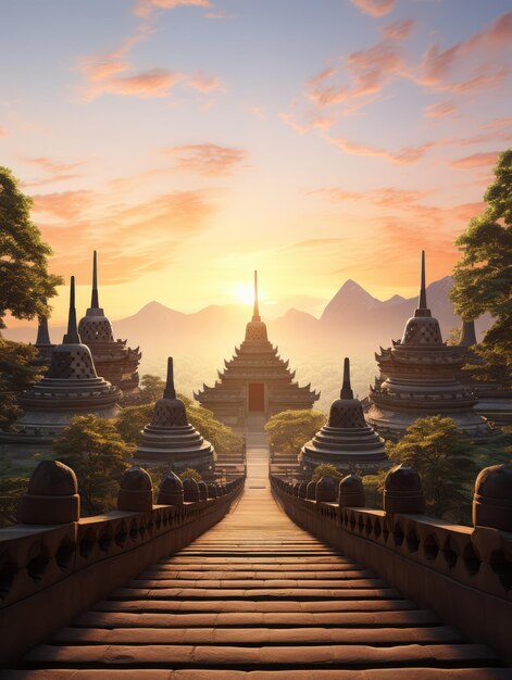 Zapierający oddech wschód słońca nad kultową świątynią Borobudur