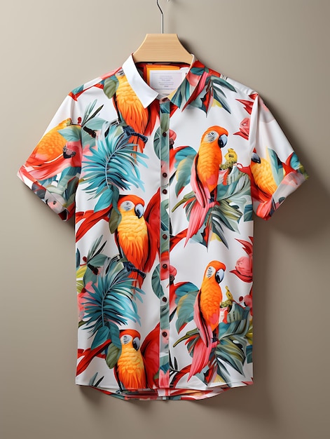 Zapinana na guziki koszulka w tropikalnym lesie deszczowym z egzotycznymi ptakami. Czysta, pusta biała koszulka do sesji zdjęciowej