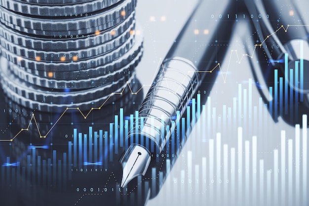 Zaplanuj koncepcję dochodów z inwestycji i finansów z dorastaniem cyfrowych wykresów finansowych i diagramów na srebrnych monetach i tle pióra Renderowanie 3D