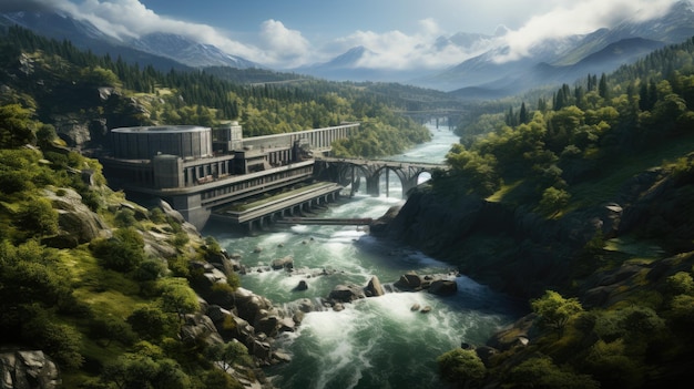 Zapora hydroelektryczna w malowniczej górskiej scenerii z fotorealistycznym powtarzającym się wzorem