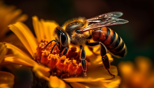 Zapracowana pszczoła miodna zbierająca pyłek z kwiatu generowana przez sztuczną inteligencję