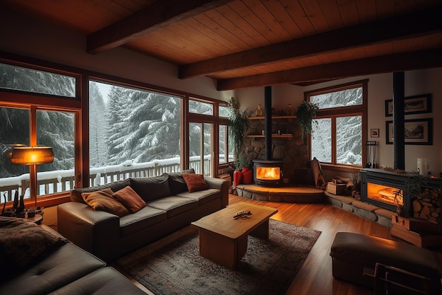 Zdjęcie zapraszający przytulny dom z dużym oknem pokazującym zimę